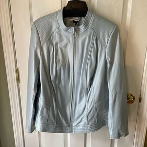 Powder Blue Leather Bomber Jacket NWOT Garment bag included!